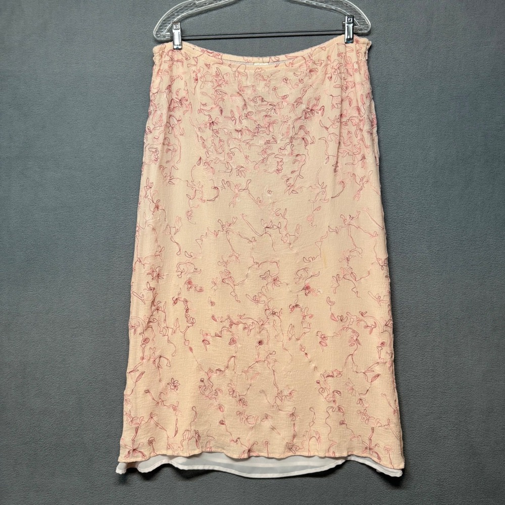 J Jill Fairy Boho Embroidered Floral Midi Maxi Skirt Peachy Pink 14P Cottagecore
